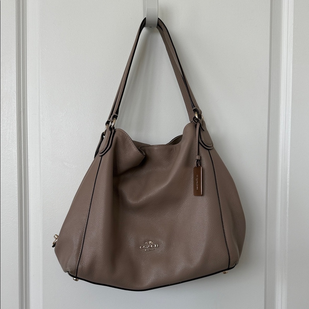 Coach Edie Pebbled Leather Shoulder Bag Taupe Hobo Tote